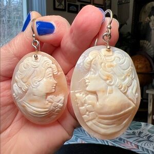 VTG Signed Large Detailed Carved Shell Cameo Dangle Sterling Silver Earrings